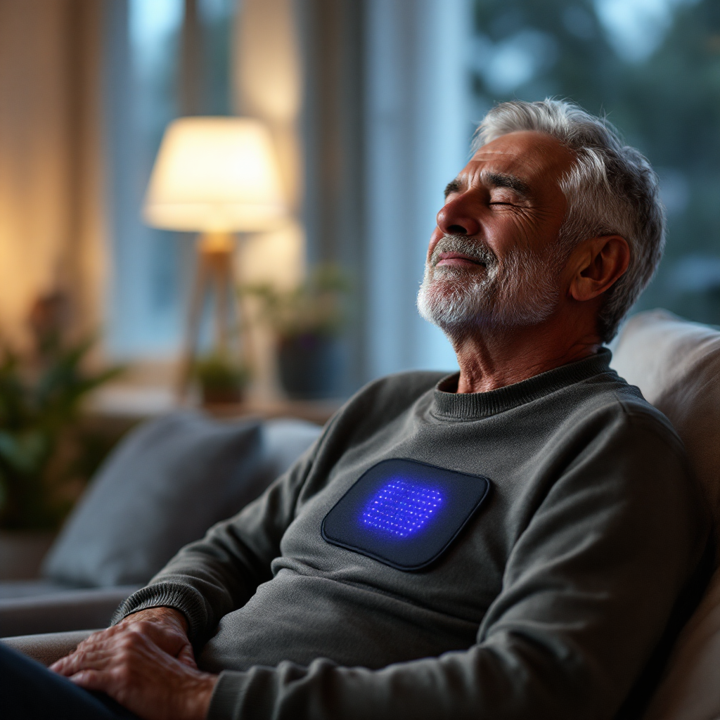 A woman relaxing at home with KalmPulse on her lower back